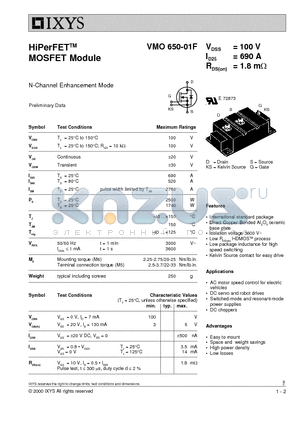 VMO650-01F datasheet - HiPerFET-TM MOSFET Module