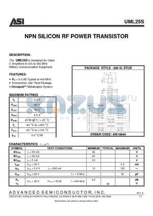 UML25S datasheet - NPN SILICON RF POWER TRANSISTOR