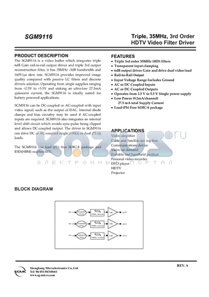 SGM9116 datasheet - Triple, 35MHz, 3rd Order HDTV Video Filter Driver