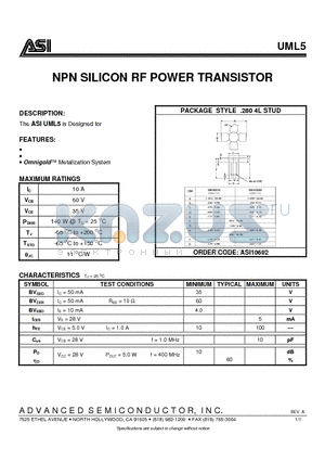 UML5 datasheet - NPN SILICON RF POWER TRANSISTOR