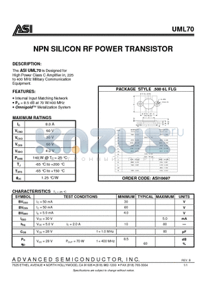 UML70 datasheet - NPN SILICON RF POWER TRANSISTOR
