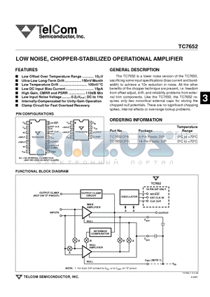 TC7652 datasheet - LOW NOISE, CHOPPER-STABILIZED OPERATIONAL AMPLIFIER