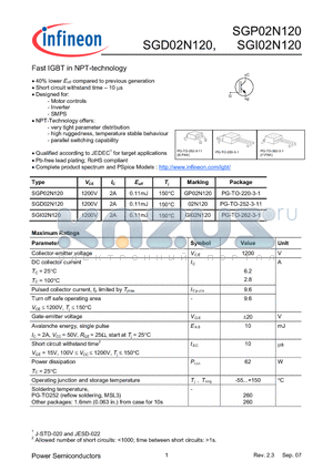 SGP02N120 datasheet - Fast IGBT in NPT-technology 40% lower Eoff compared to previous generation