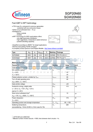 SGP20N60 datasheet - Fast IGBT in NPT-technology 75% lower Eoff compared to previous generation