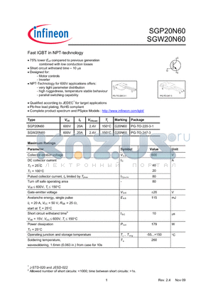 SGP20N60_09 datasheet - Fast IGBT in NPT-technology 75% lower Eoff compared to previous generation