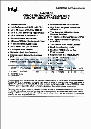 TN80C196NT datasheet - CHMOS MICROCONTROLLER WITH 1 MBYTE LINER ADDRESS SPACE