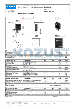 UMS05-1A80-75L datasheet - UMS Reed Relay