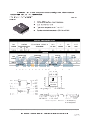 TN8515 datasheet - 10/100 BASE PULSE TRANSFORMER