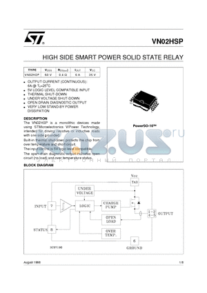 VN02HSP13TR datasheet - HIGH SIDE SMART POWER SOLID STATE RELAY