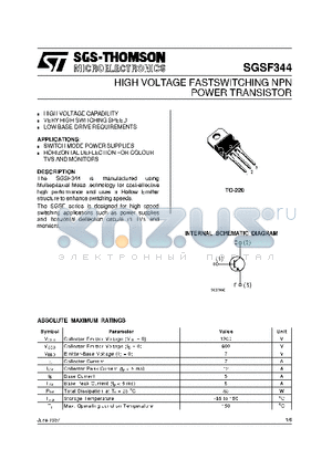 SGSF344 datasheet - HIGH VOLTAGE FASTSWITCHING NPN POWER TRANSISTOR