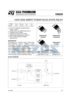 VN05 datasheet - HIGH SIDE SMART POWER SOLID STATE RELAY