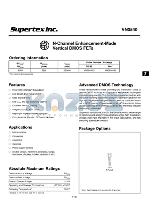 VN0540N3 datasheet - N-Channel Enhancement-Mode Vertical DMOS FETs