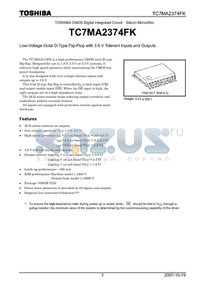 TC7MA2374FK datasheet - Low-Voltage Octal D-Type Flip-Flop with 3.6 V Tolerant Inputs and Outputs
