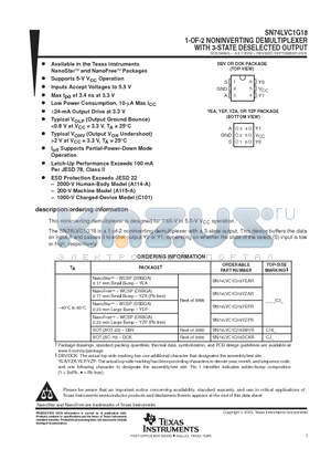 SN74LVC1G18YZAR datasheet - 1-OF-2 NONINVERTING DEMULTIPLEXER WITH 3-STATE DESELECTED OUTPUT