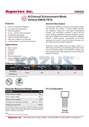 VN0550N3 datasheet - N-Channel Enhancement-Mode Vertical DMOS FETs