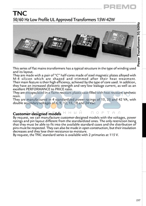 TNC-15-12 datasheet - 50/60 Hz Low Profile UL Approved Transformers 15W-42W