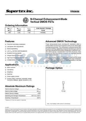 VN0606L datasheet - N-Channel Enhancement-Mode Vertical DMOS FETs