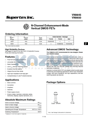 VN0645N2 datasheet - N-Channel Enhancement-Mode Vertical DMOS FETs