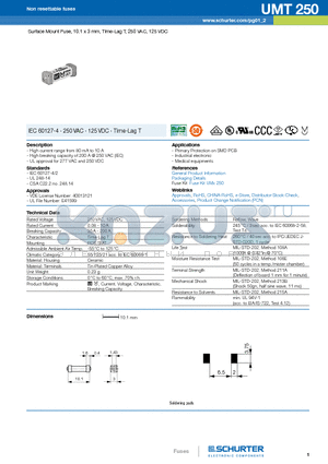 UMT datasheet - Surface Mount Fuse, 10.1 x 3 mm, Time-Lag T, 250 VAC, 125 VDC