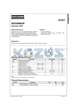 SGU2N60UF datasheet - Ultra-Fast IGBT