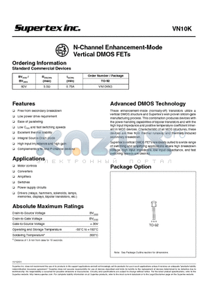 VN10K datasheet - N-Channel Enhancement-Mode Vertical DMOS FETs