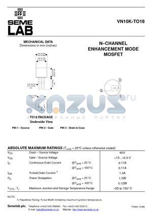 VN10K-TO18 datasheet - N-CHANNEL ENHANCEMENT MODE MOSFET