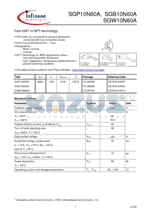 SGW10N60 datasheet - Fast IGBT in NPT-technology