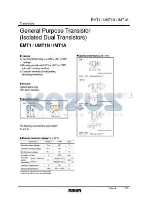 UMT1N datasheet - General Purpose Transistor (Isolated Dual Transistors)