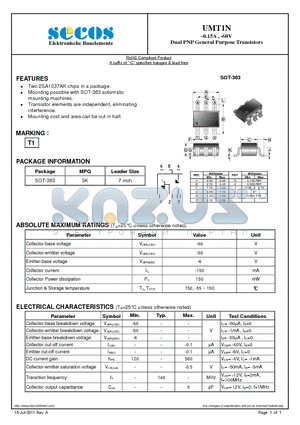 UMT1N datasheet - -0.15A , -60V Dual PNP General Purpose Transistors