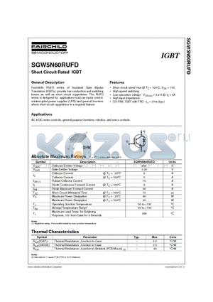 SGW5N60RUFD datasheet - Short Circuit Rated IGBT
