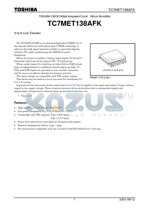 TC7MET138AFK datasheet - Advanced High Speed CMOS 3-to-8 line Decoder Fabricated with Silicon Gate CMOS Technology