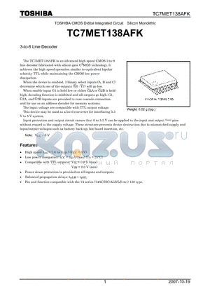 TC7MET138AFK datasheet - 3-to-8 Line Decoder