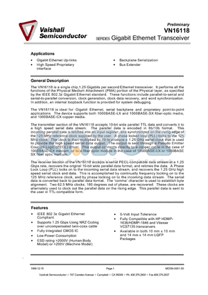 VN16118L2 datasheet - Gigabit Ethernet Transceiver