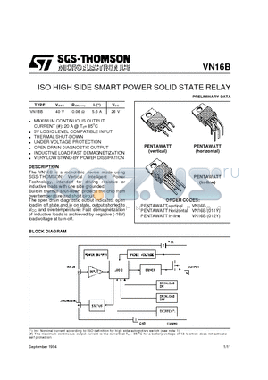 VN16B011Y datasheet - ISO HIGH SIDE SMART POWER SOLID STATE RELAY