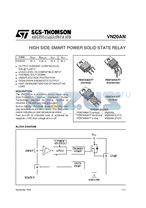 VN20AN011Y datasheet - HIGH SIDE SMART POWER SOLID STATE RELAY