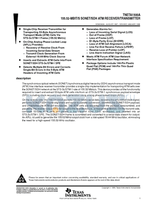 TNETA1500A datasheet - 155.52-MBIT/S SONET/SDH ATM RECEIVER/TRANSMITTER