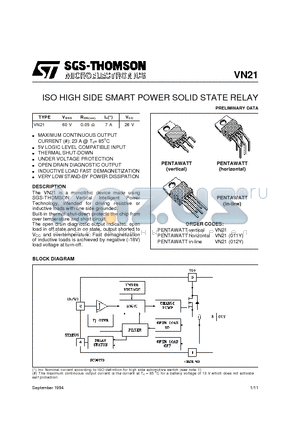 VN21011Y datasheet - ISO HIGH SIDE SMART POWER SOLID STATE RELAY