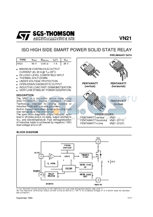 VN21012Y datasheet - ISO HIGH SIDE SMART POWER SOLID STATE RELAY