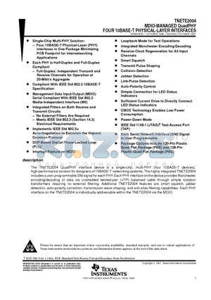 TNETE2004 datasheet - MDIO-MANAGED QuadPHY FOUR 10BASE-T PHYSICAL-LAYER INTERFACES