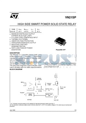 VN21SP datasheet - HIGH SIDE SMART POWER SOLID STATE RELAY