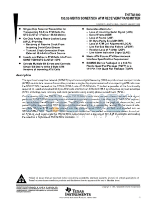 TNETA1500PGE datasheet - 155.52-MBIT/S SONET/SDH ATM RECEIVER/TRANSMITTER