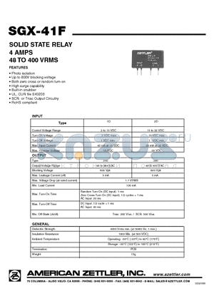 SGX-41F1D240A4ZSG datasheet - SOLID STATE RELAY 4 AMPS 48 TO 400 VRMS