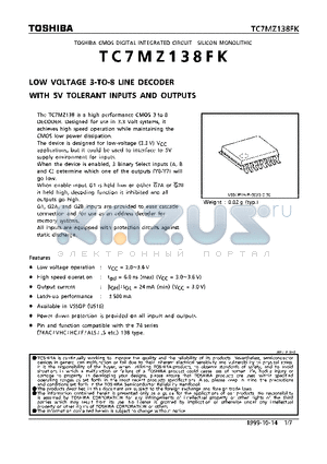 TC7MZ138FK datasheet - LOW-VOLTAGE 3-TO-8 LINE DECODER WITH 5V TOLERANT INPUTS AND OUTPUTS