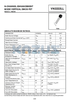 VN2222LL datasheet - N-CHANNEL ENHANCEMENT MODE VERTICAL DMOS FET