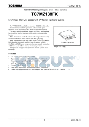 TC7MZ138FK datasheet - Low Voltage 3-to-8 Line Decoder with 5 V Tolerant Inputs and Outputs