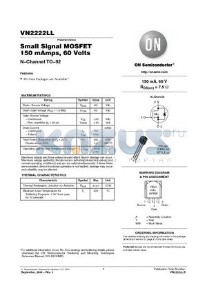 VN2222LLRLRA datasheet - Small Signal MOSFET 150 mAmps, 60 Volts