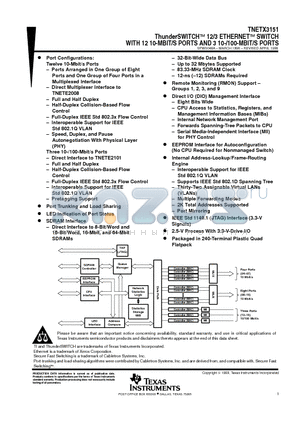 TNETX3151 datasheet - ThunderSWITCHE 12/3 ETHERNETE SWITCH WITH 12 10-MBIT/S PORTS AND 3 10-/100-MBIT/S PORTS