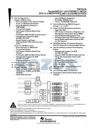 TNETX3190 datasheet - ThunderSWITCHE 16/3 ETHERNETE SWITCH WITH 16 10-MBIT/S PORTS AND 3 10-/100-MBIT/S PORTS