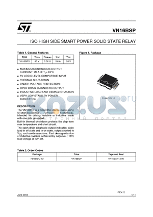 VN16BSP13TR datasheet - ISO HIGH SIDE SMART POWER SOLID STATE RELAY