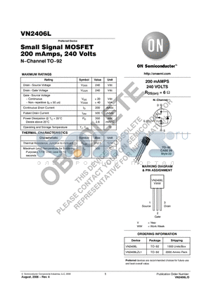 VN2406L datasheet - Small Signal MOSFET 200 mAmps, 240 Volts